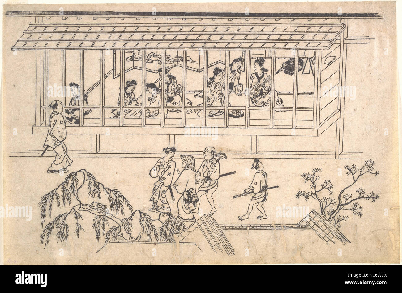 Die sechste Szene aus Szenen der Freude Quartal auf Yoshiwara in Edo, Hishikawa Moronobu, Ende des 17. Jahrhunderts Stockfoto