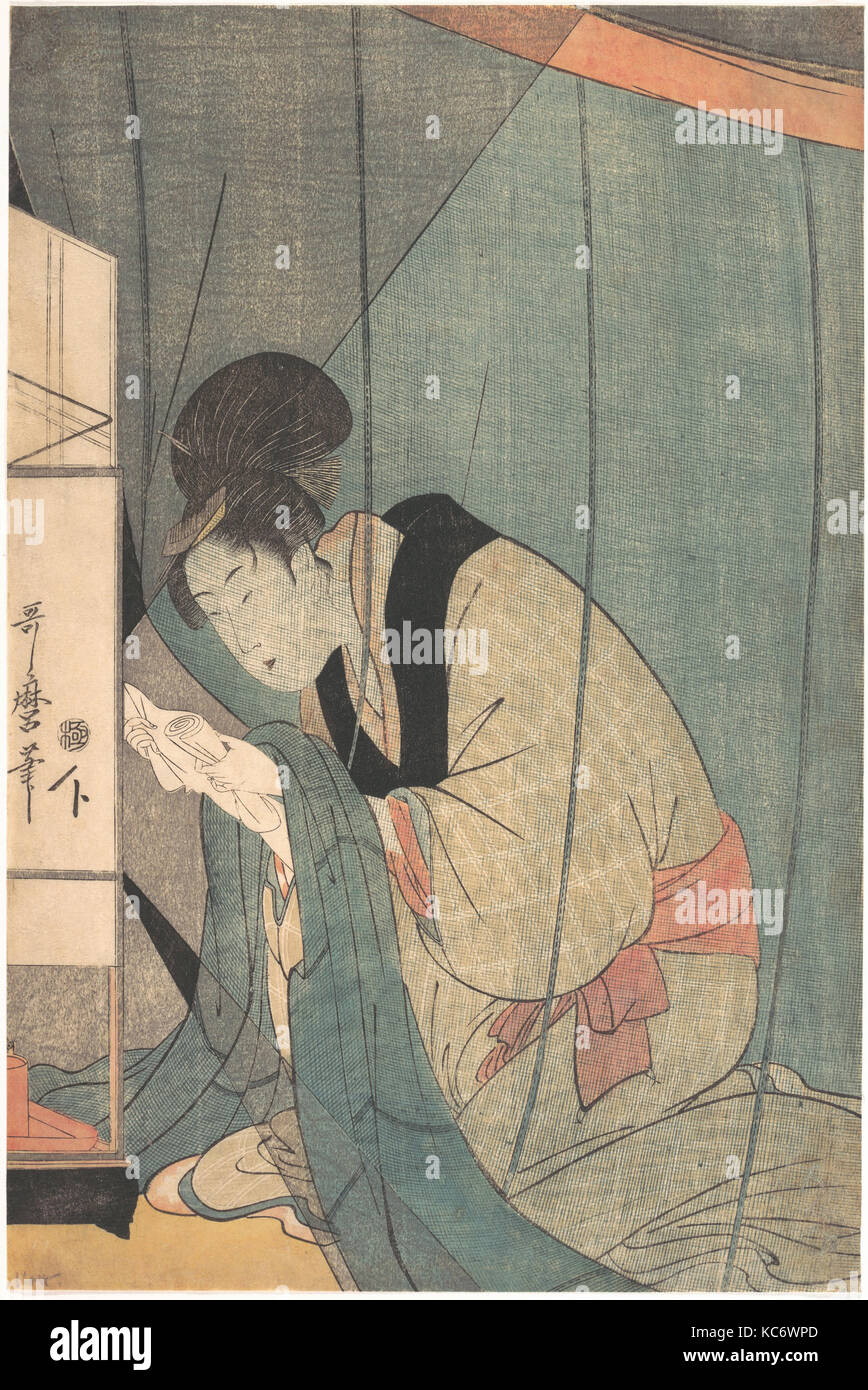 Frau liest ein Schreiben von Öl Lampe, Kitagawa Utamaro, 1790 s Stockfoto