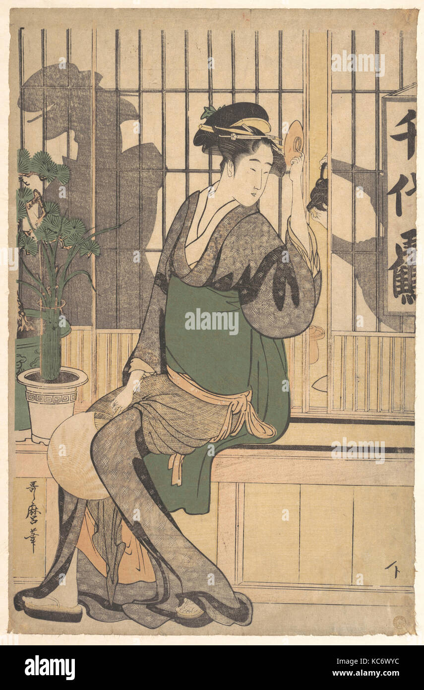 Schatten auf der Shoji, Edo Periode (1615 - 1868), 1790s, Japan, Polychrome Holzschnitt; Tinte und Farbe auf Papier, H.15 cm. (3 Stockfoto