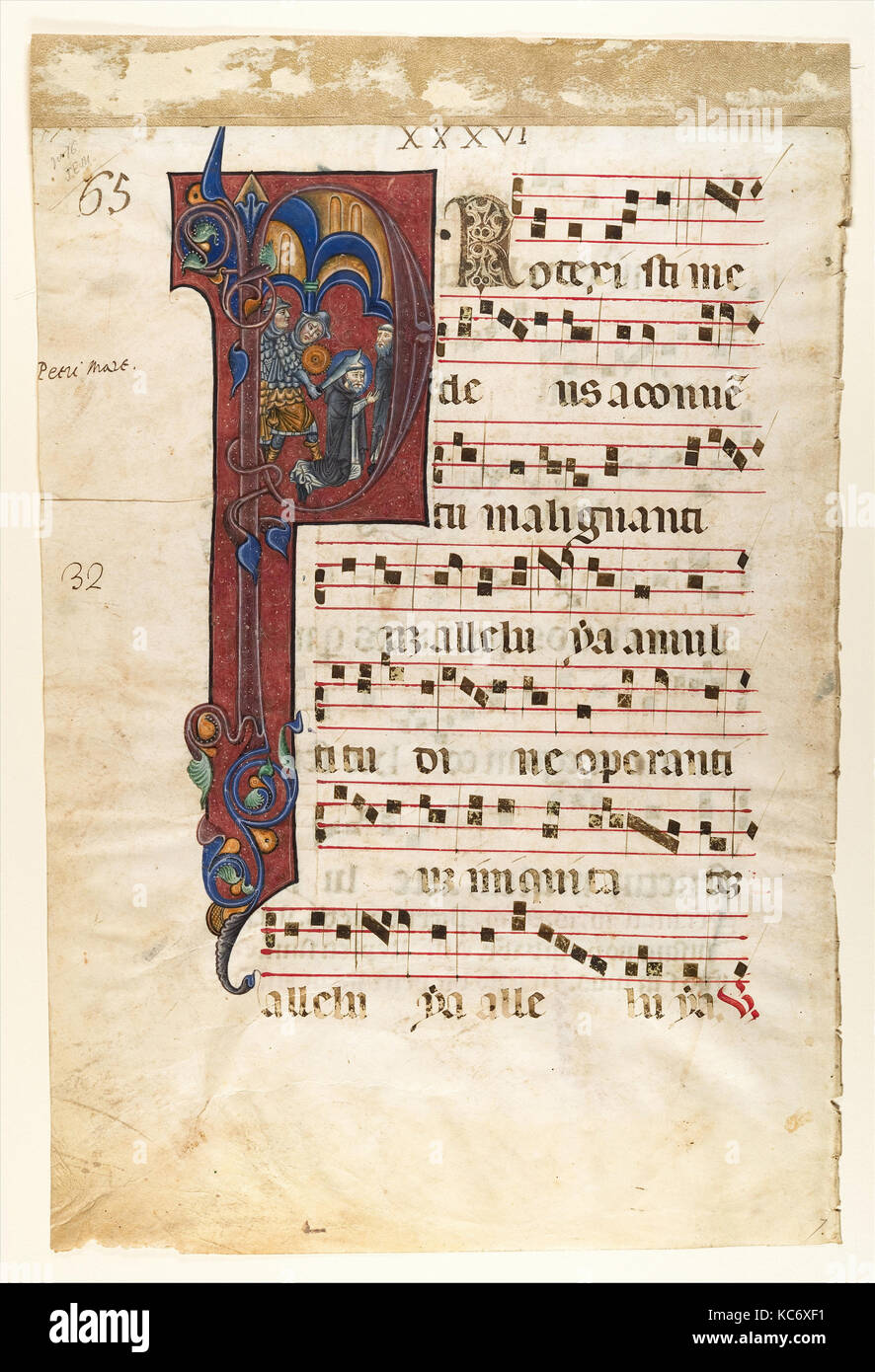 Manuskript Blatt mit dem Martyrium des hl. Petrus von Verona in einer ersten P, von einer schrittweisen, Ca. 1270 - 80 Stockfoto