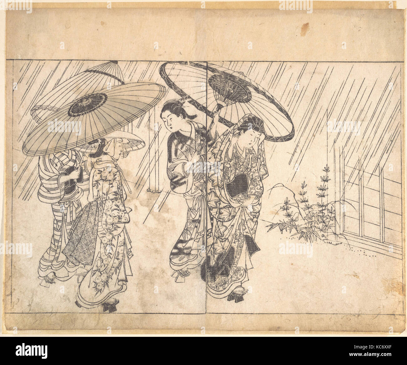 Eine Dame mit drei Begleitern im Regen, Nishikawa Sukenobu, 1731 Stockfoto