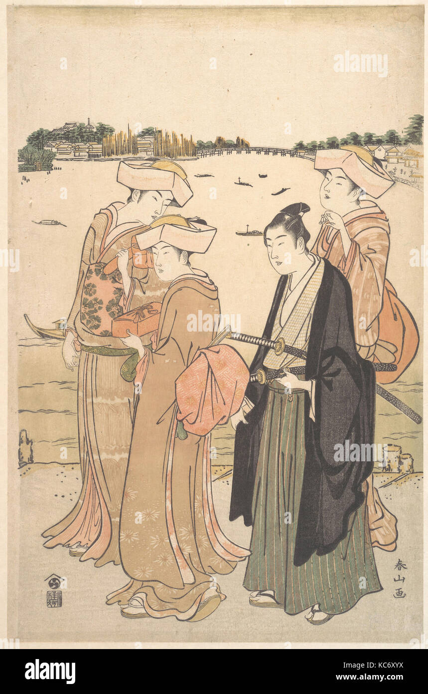 Ein junger Samurai und drei Frauen, Katsukawa Shunzan, Ca. 1789 Stockfoto