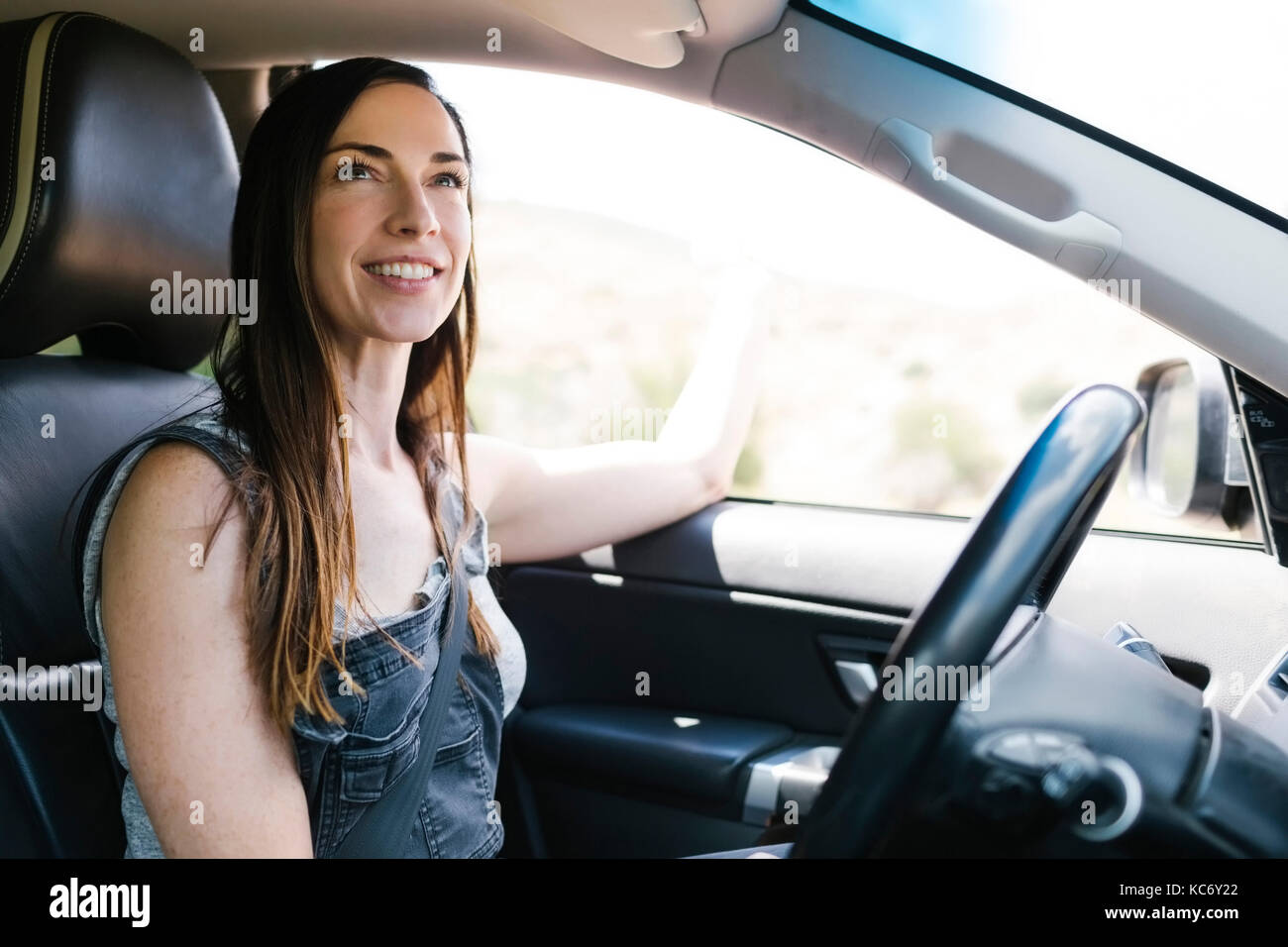 Lächelnde Frau Auto Stockfoto