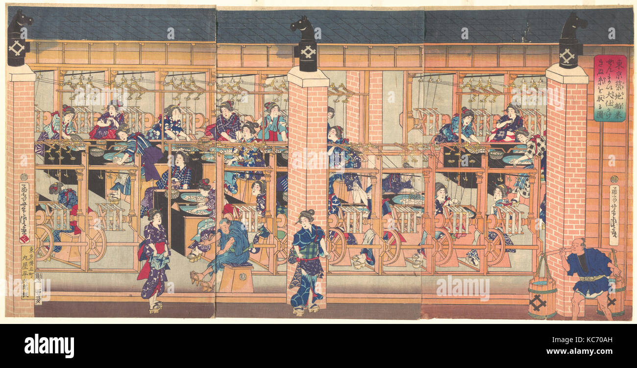 Importierte Silk Reeling Maschine in Tokyo, "Tsukiji 東京築地舶来ぜんま い大仕かけきぬ糸をとる図', Utagawa Yoshitora, 4. Monat, 1872 Stockfoto