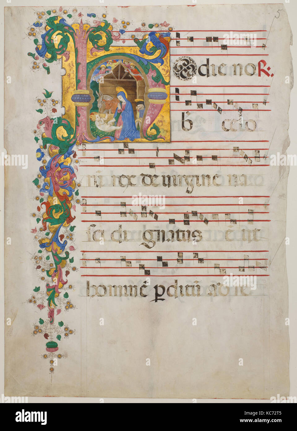 Manuskript Blatt mit der Geburt in einem ersten H, von einem Antiphonar, Meister des Riccardiana Lactantius Stockfoto