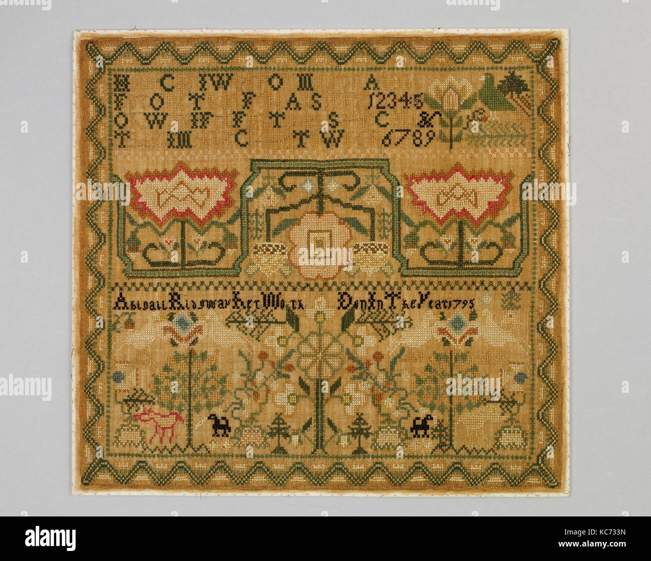 Bestickte Sampler, 1795, in Burlington County, New Jersey, USA, US-amerikanischen, bestickter Seide auf Leinen, 17 x 18 Stockfoto