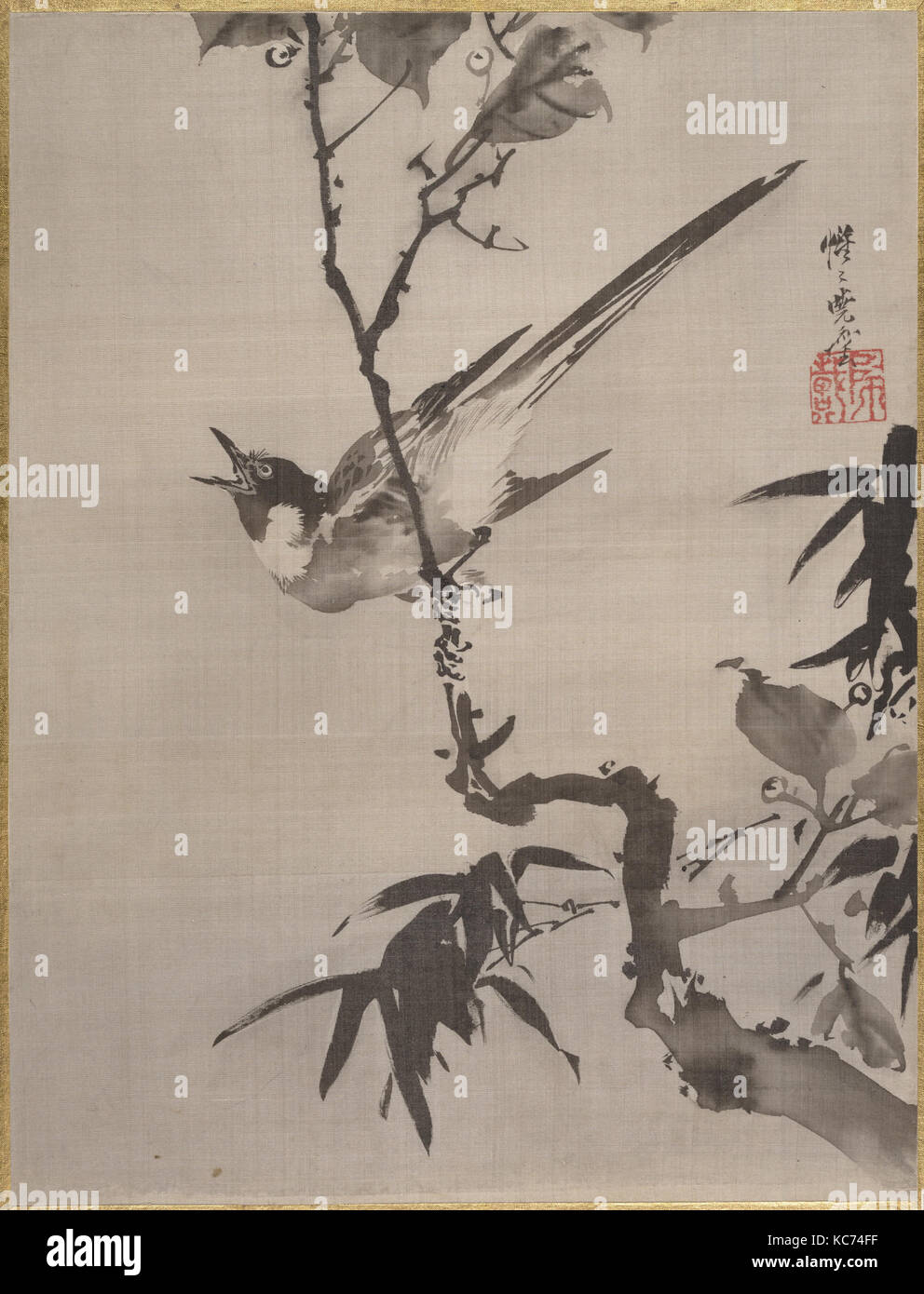 Singende Vogel auf einem Zweig, Kawanabe Kyōsai, Ca. 1887 Stockfoto