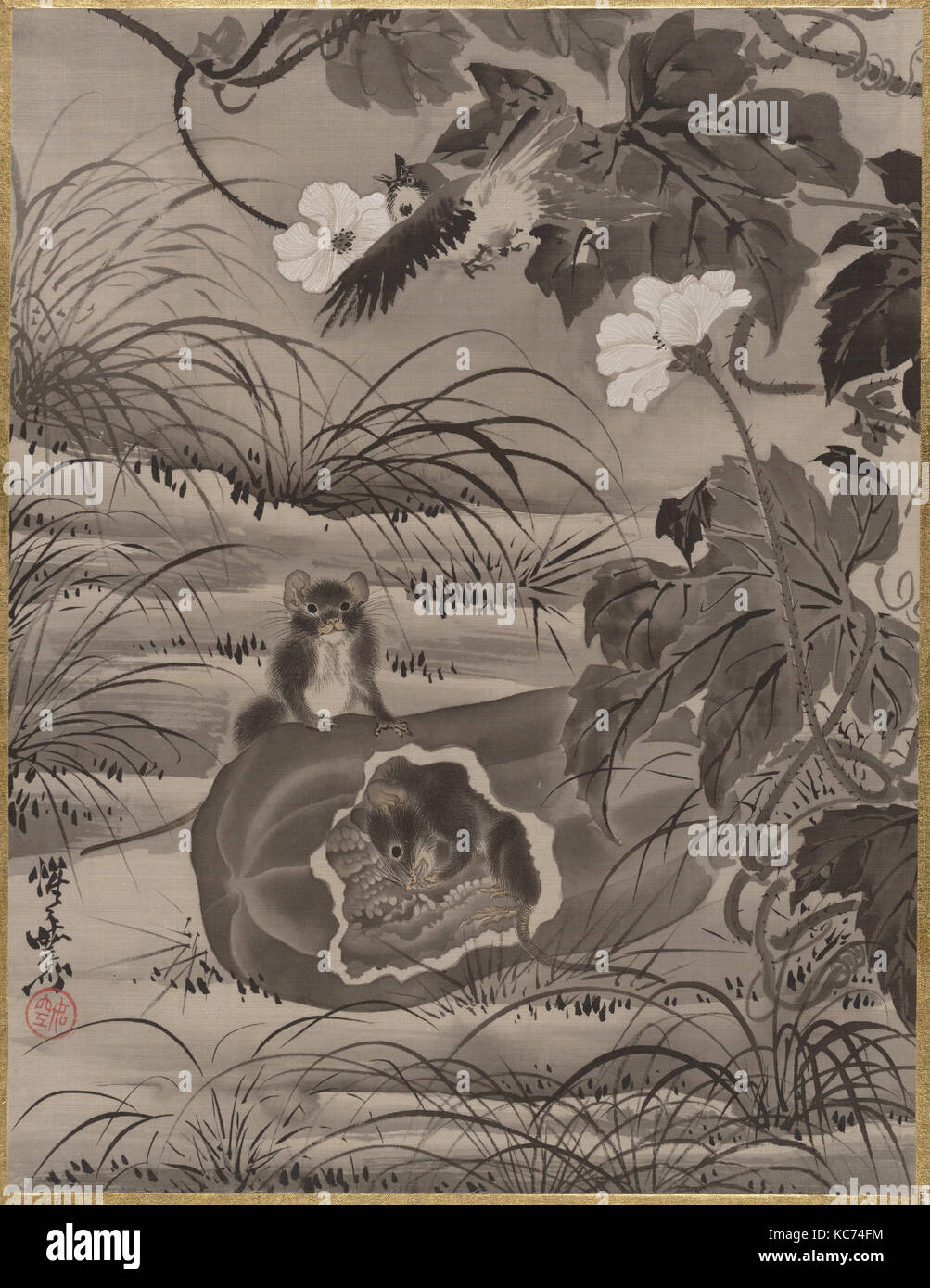 Mäuse in einer Melone, 瓜に鼠図, Meiji Periode (1868 - 1912), Ca. 1887, Japan, Album Leaf, Tusche und Farbe auf Seide, 14 1/4 x 10 7/8 in. (36,2 x Stockfoto