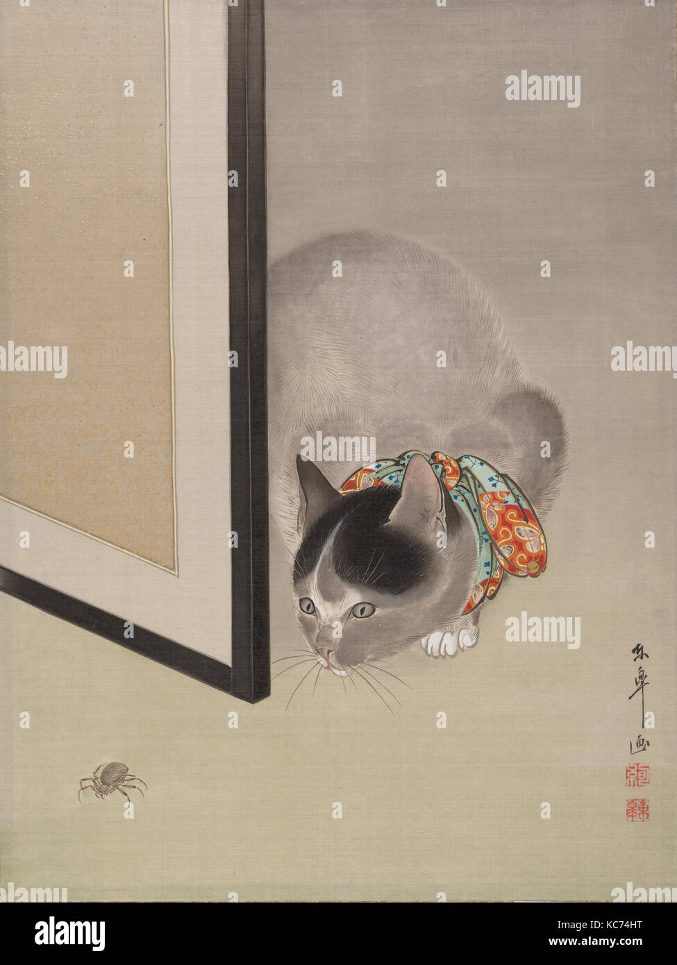 Cat watching eine Spinne, 猫に蜘蛛図, Meiji Periode (1868 - 1912), Ca. 1888 - 92, Japan, Album Leaf, Tusche und Farbe auf Seide, 14 3/4 x 11 in. ( Stockfoto