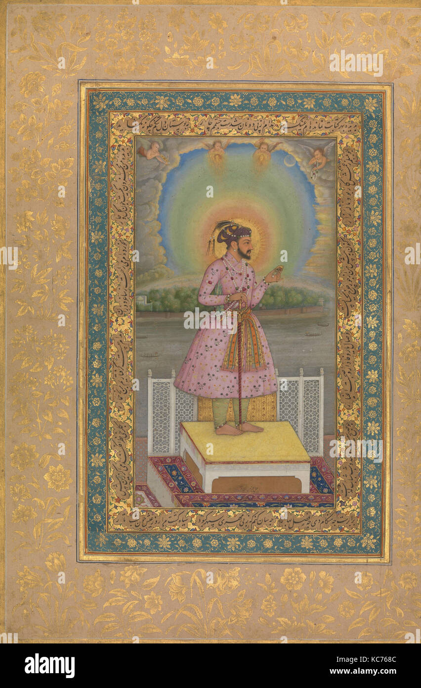 Die hah Jahan auf einer Terrasse, mit einem Anhänger Set mit seinem Portrait', Folio aus dem Shah Jahan Album, Gemälde von Chitarman Stockfoto