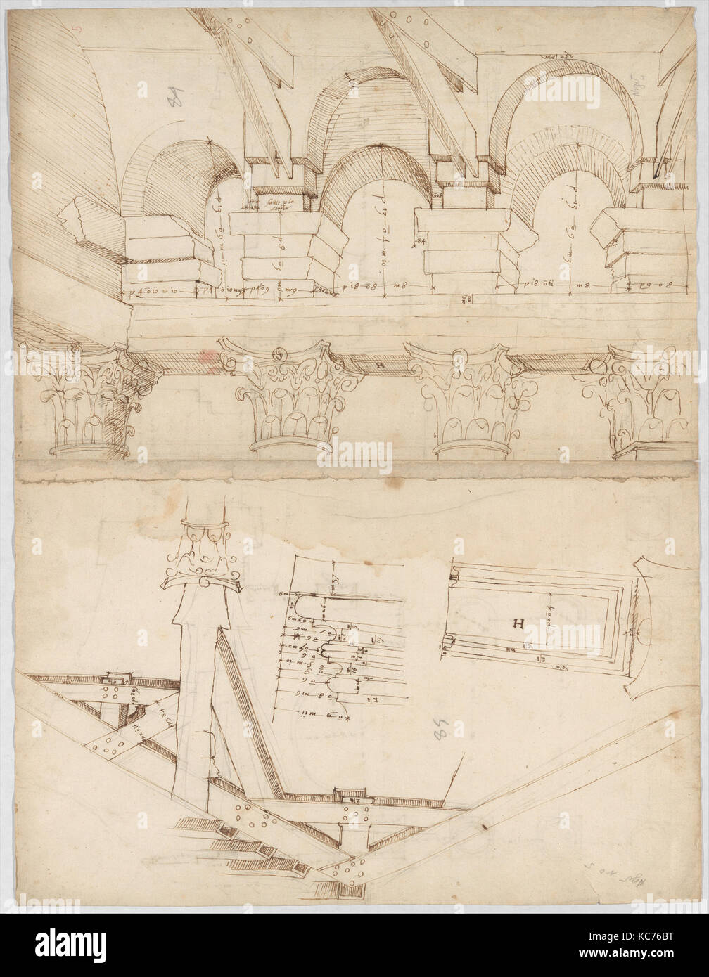 Pantheon, Portikus, Plan (recto) Pantheon, Portikus, Details und Perspektive (verso), Anfang bis Mitte des 16. Jahrhunderts Stockfoto