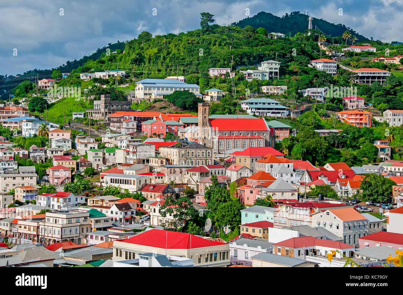 Farbenfrohe Gebäude und Architektur von St. George's, Grenada Stockfoto