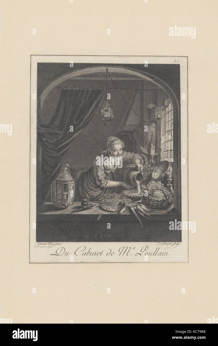 Milchmagd nach dem Gemälde von G.Dou im Kabinett von Herrn Poullain, nachdem Gerrit Dou, Mitte des 17. Jahrhunderts Stockfoto