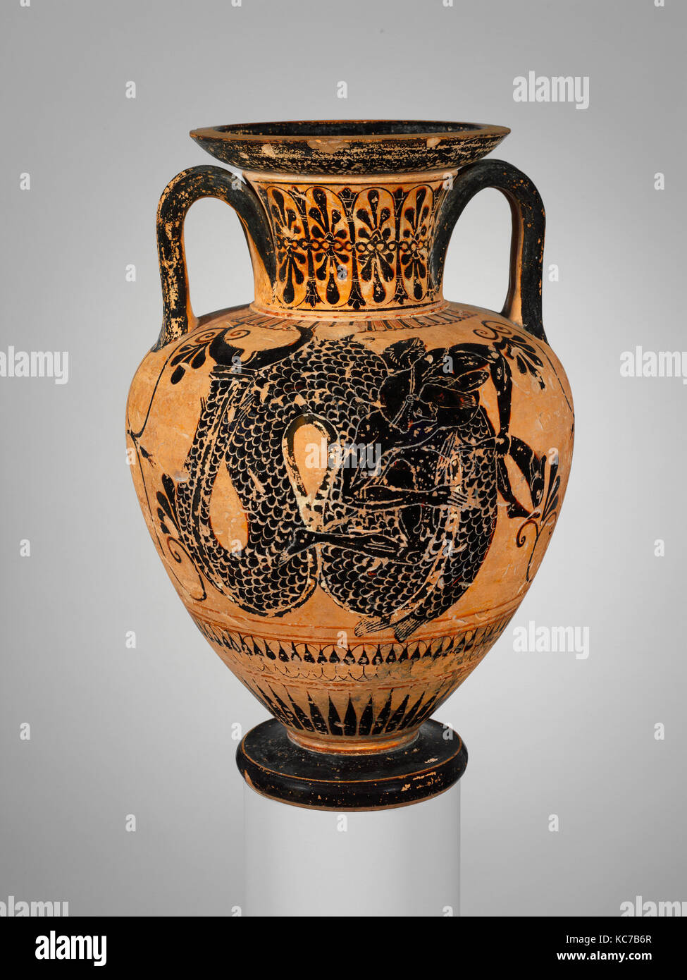 Terrakotta Neck-Amphora (jar), Archaische, Ca. 510 v. Chr., Griechischer, Dachboden, Terracotta, schwarz Abbildung, H. 40.3-40,5 cm., Vasen, Einführung Stockfoto