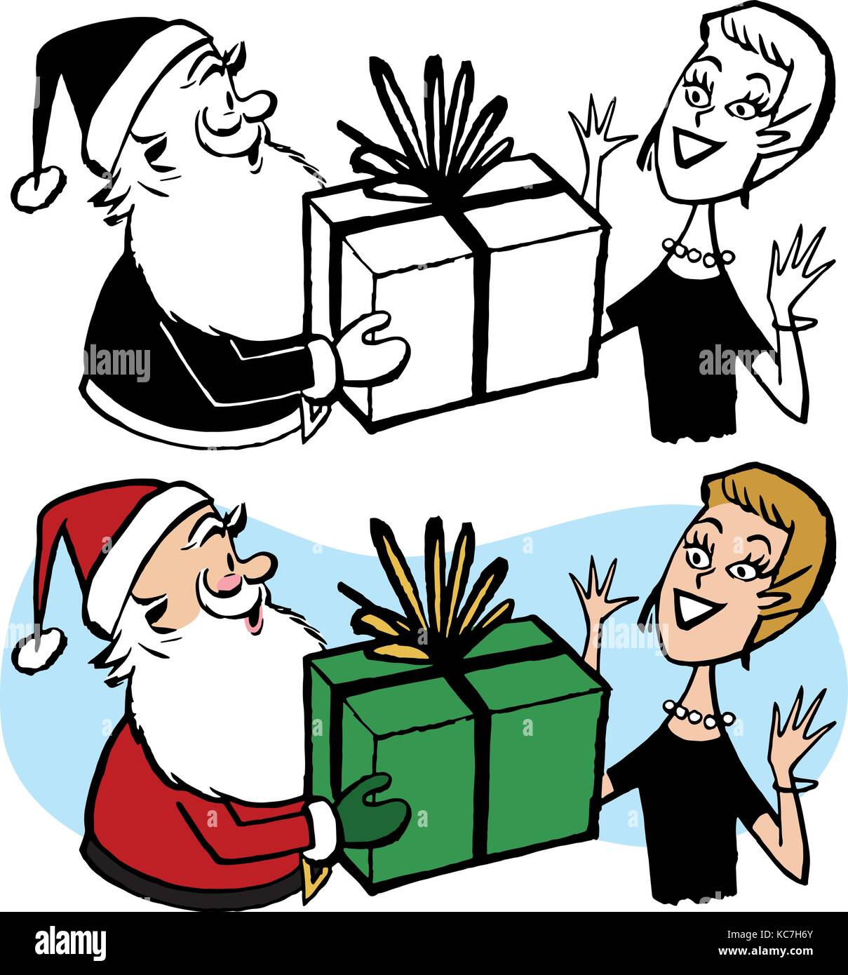Santa Claus gibt einen verpackten Weihnachtsgeschenk für eine Frau. Stock Vektor