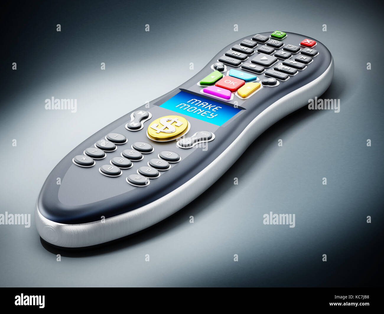 Geld verdienen Text auf Remote Controller-LCD-Panel. 3D-Darstellung. Stockfoto