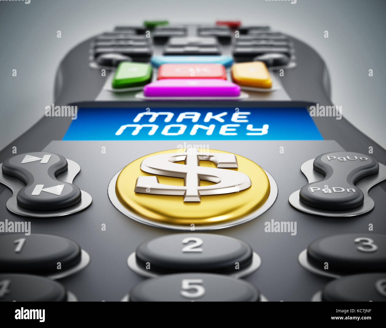 Geld verdienen Text auf Remote Controller-LCD-Panel. 3D-Darstellung. Stockfoto