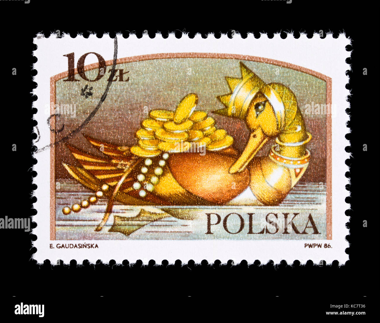 Briefmarke aus Polen zeigt eine Goldene Ente, Polnische Märchen. Stockfoto