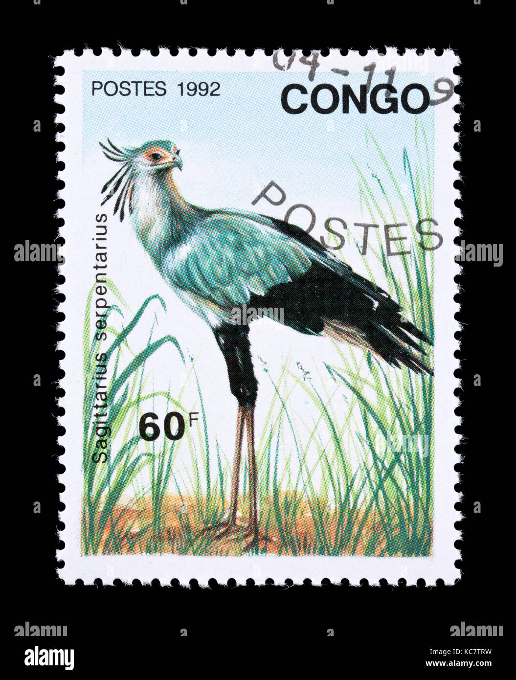 Briefmarke aus dem Kongo, der einen Vogel secretarybird oder Sekretär (Sagittarius serpentarius) Stockfoto