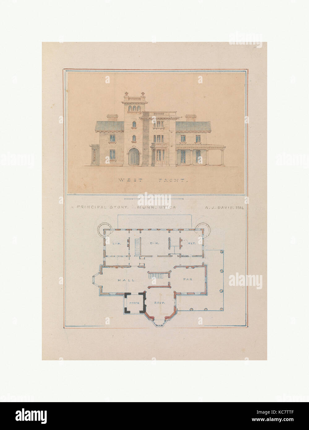 West Front- und wichtigsten Grundriss von John Munn Haus, Utica, New York, Alexander Jackson Davis, 1854 Stockfoto