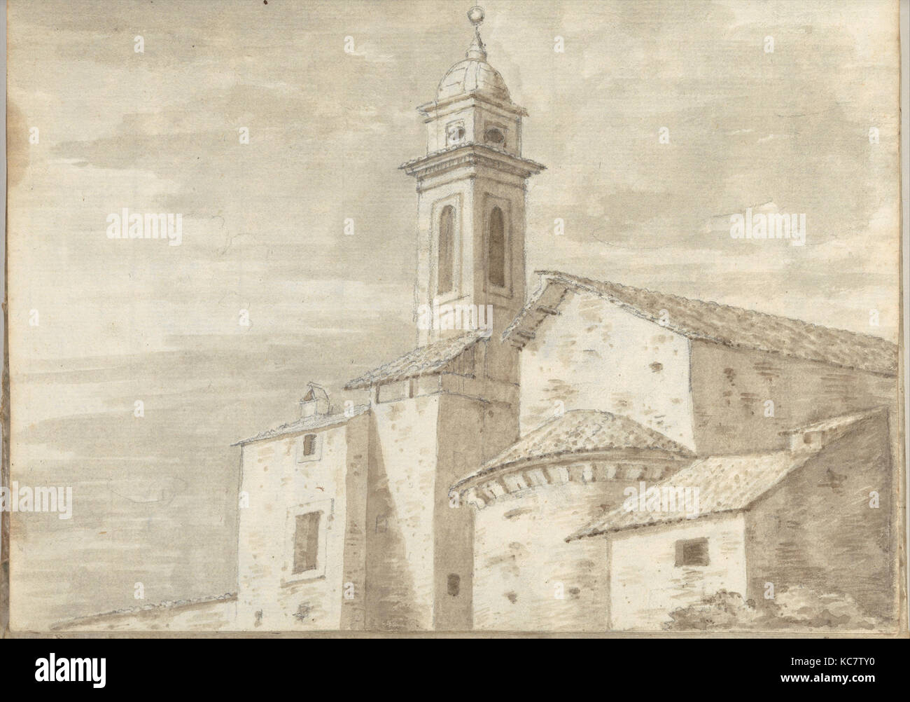 Kirche mit einem Ziegeldach und Turm (kleineren italienischen Skizzenbuch, Blatt 36 recto), Joseph Wright, 1774-75 Stockfoto
