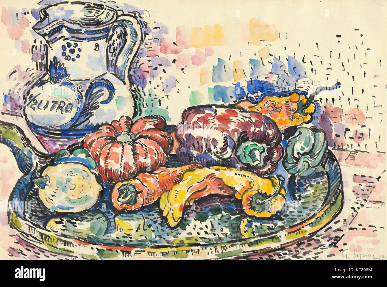 Stillleben mit Krug, 1919, Graphit und Aquarell, 11 7/8 x 17 5/8 in. (30,2 x 44,8 cm), Zeichnungen, Paul Signac (Französisch, Paris Stockfoto