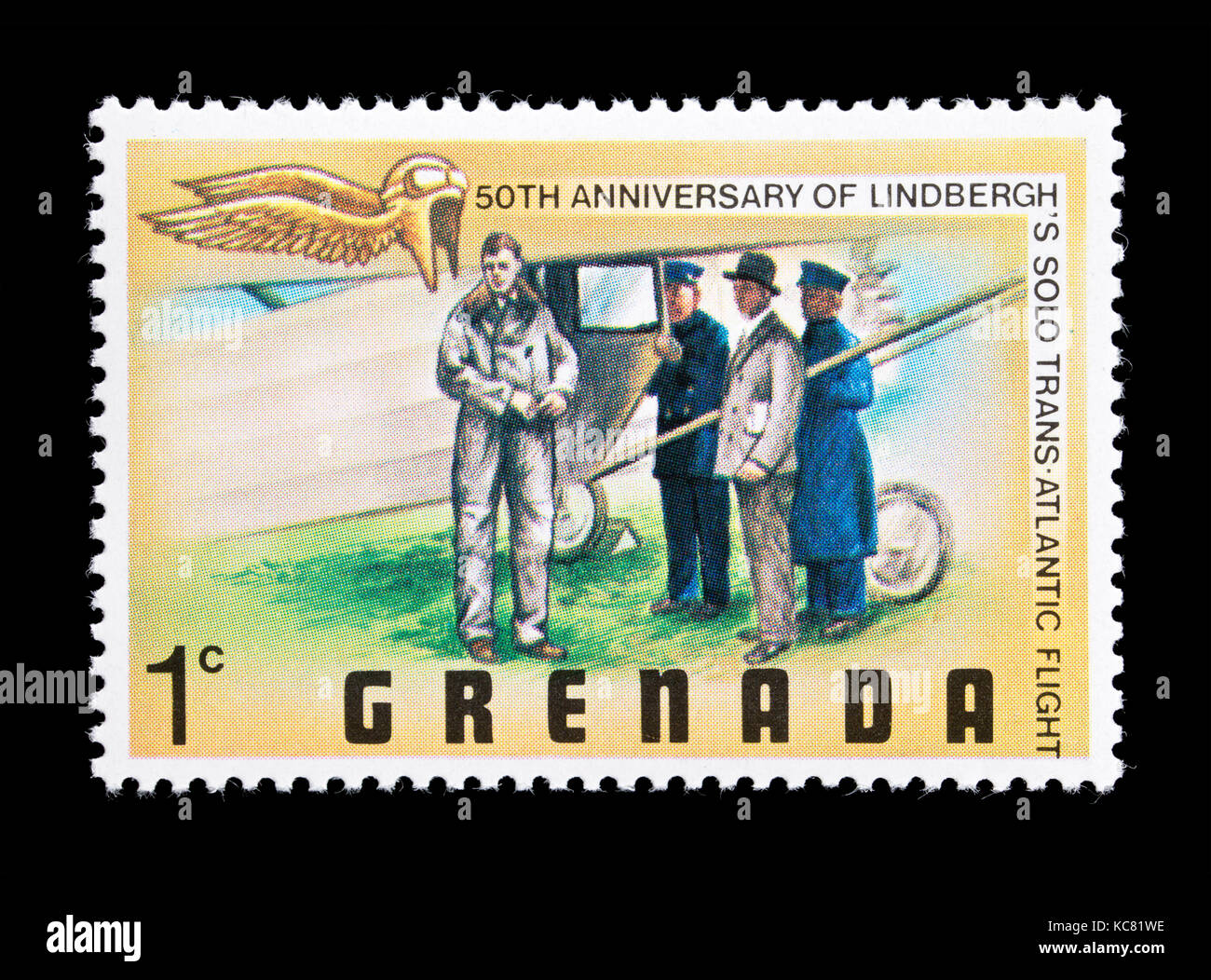 Briefmarke trom Grenada, Charles A. Lindbergh Atlantikflug und sein Flugzeug den Geist von St. Louis. Stockfoto