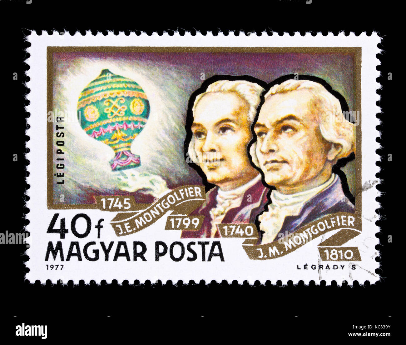 Briefmarke aus Ungarn, die die Brüder Montgolfier und ihren Ballon. Stockfoto
