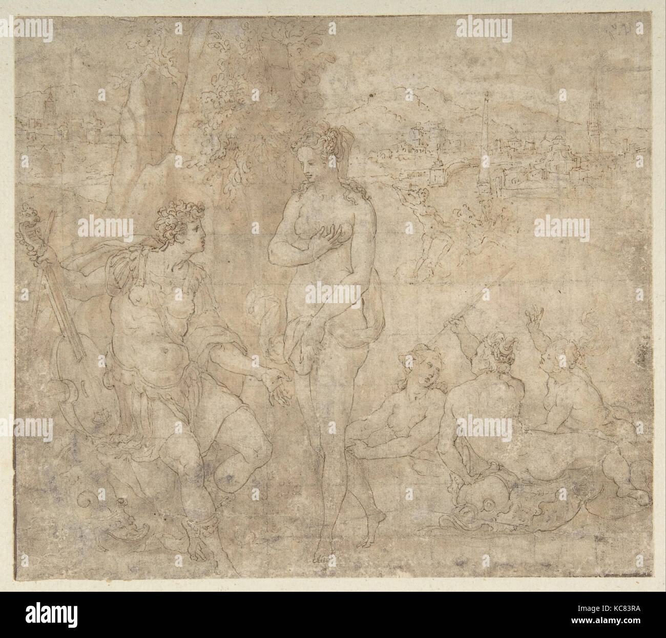 Apollo und Galatea in einer Landschaft mit Neptun und Drei Nymphen, Emilian Künstler in der Nähe von Orazio Samacchini, 1550-60 Stockfoto