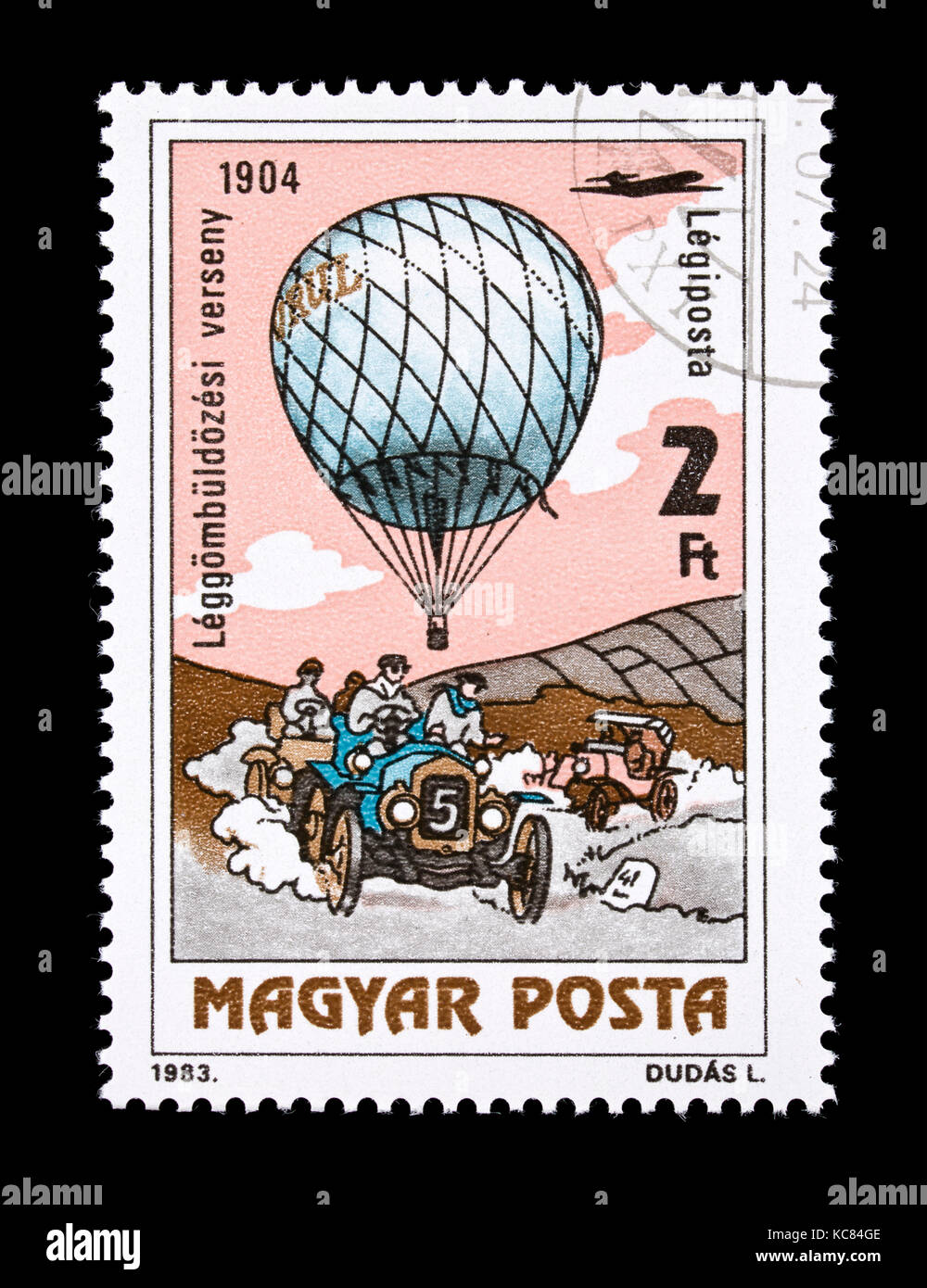 Briefmarke Ungarn mit einem Heißluft-Ballon zweihundertsten Jahrestag der ersten bemannten Flug. Stockfoto