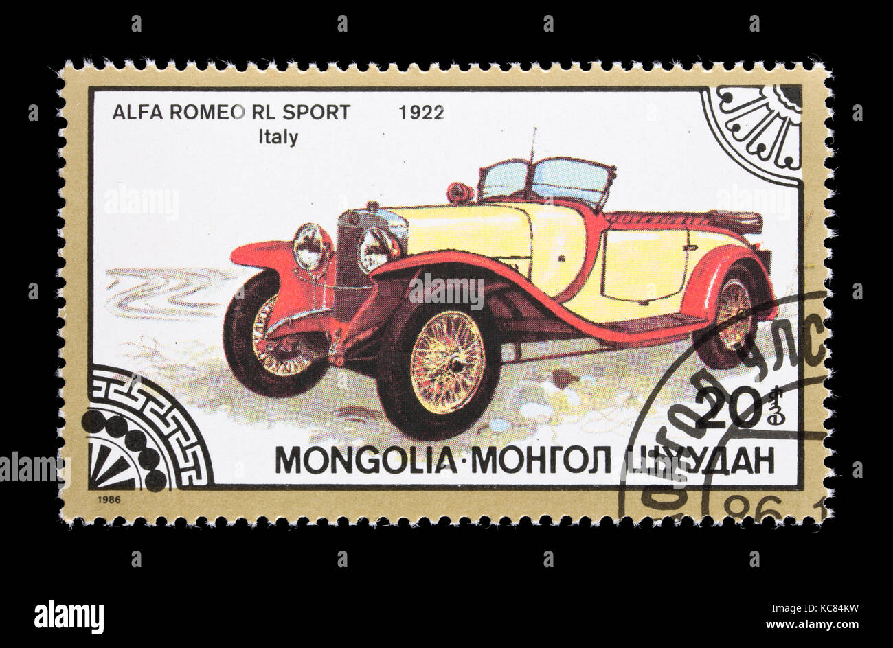 Briefmarke aus der Mongolei, ein ALfa Romeo RL Sport Auto von 1922. Stockfoto