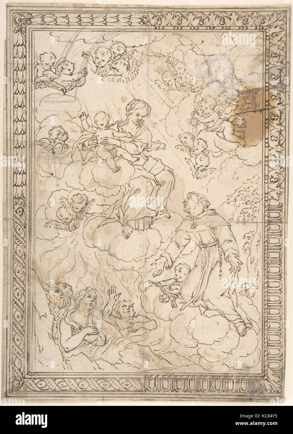 Kniend Saint und verlorene Seelen vor der Madonna mit Kind, mit vier alternative Grenze Designs, Anonym, italienisch, 17. Jahrhundert Stockfoto