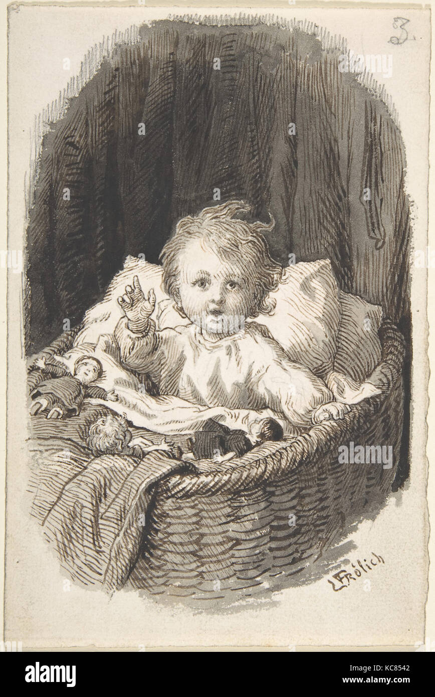 Kind in einer Krippe, 1835 - 1903, Pen und dunkelbraun bis rötlich-braune Farbe, Pinsel in Grau waschen über Graphit underdrawing., 7 3/16 Stockfoto