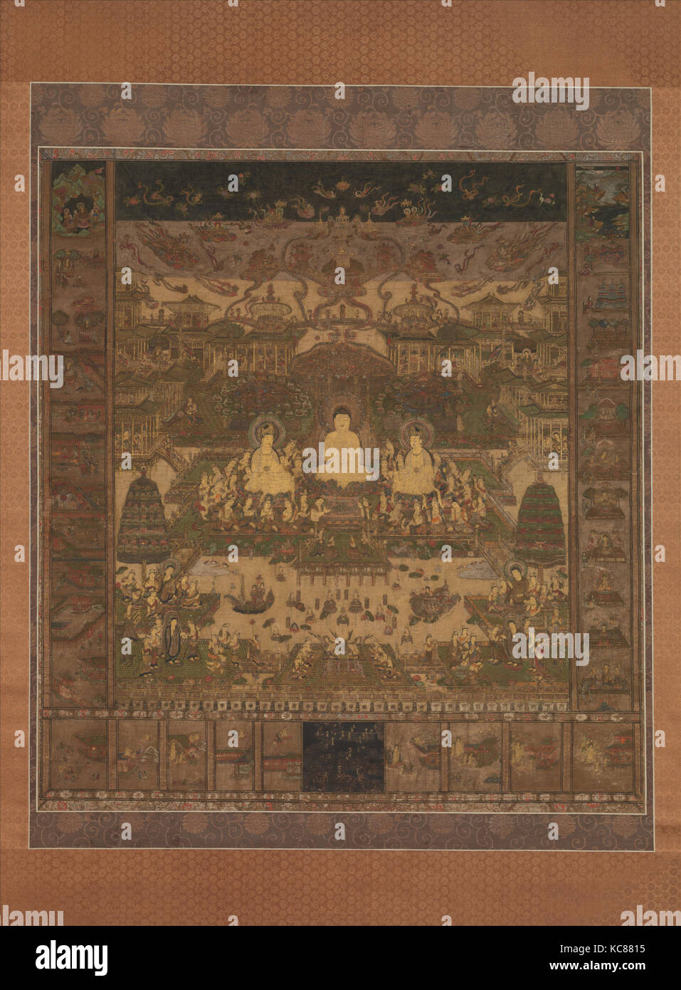 Taima Mandala, 當麻曼荼羅, Nanbokuchō Zeitraum (1336-92), wahrscheinlich Ende des 14. Jahrhunderts, Japan, hängenden Blättern; Farbe und Gold auf Seide Stockfoto