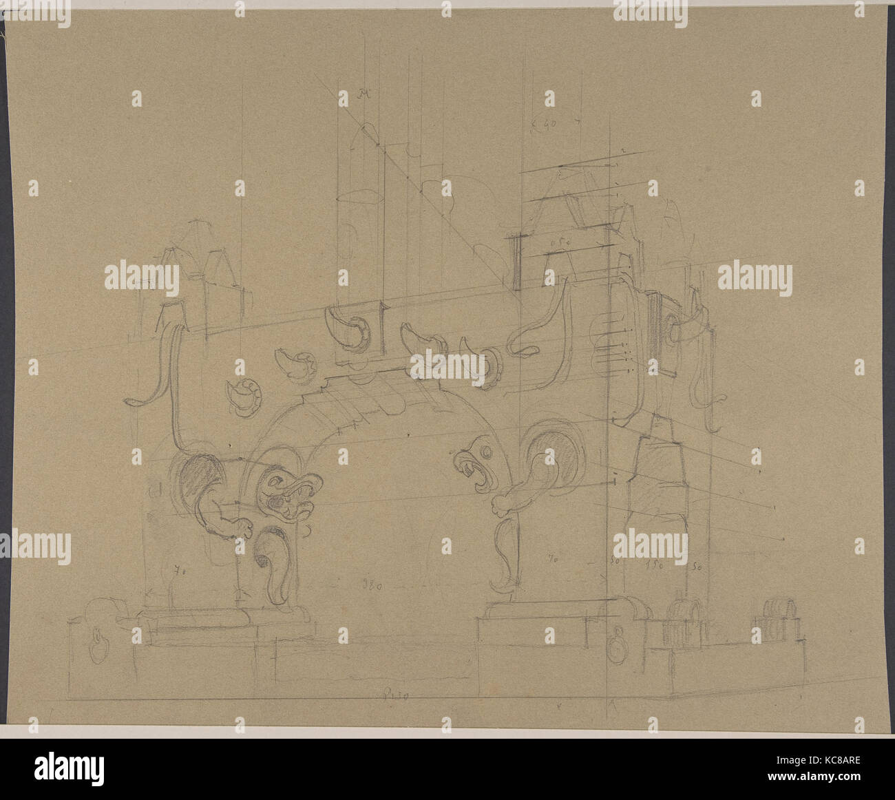 Projekt für Mittelamerikanischen Stil Bogen mit Grotesken und Hörnern. Verso: Skizze für ein Set Design, Salvador Alarma Tastás, 1870 - 1941 Stockfoto
