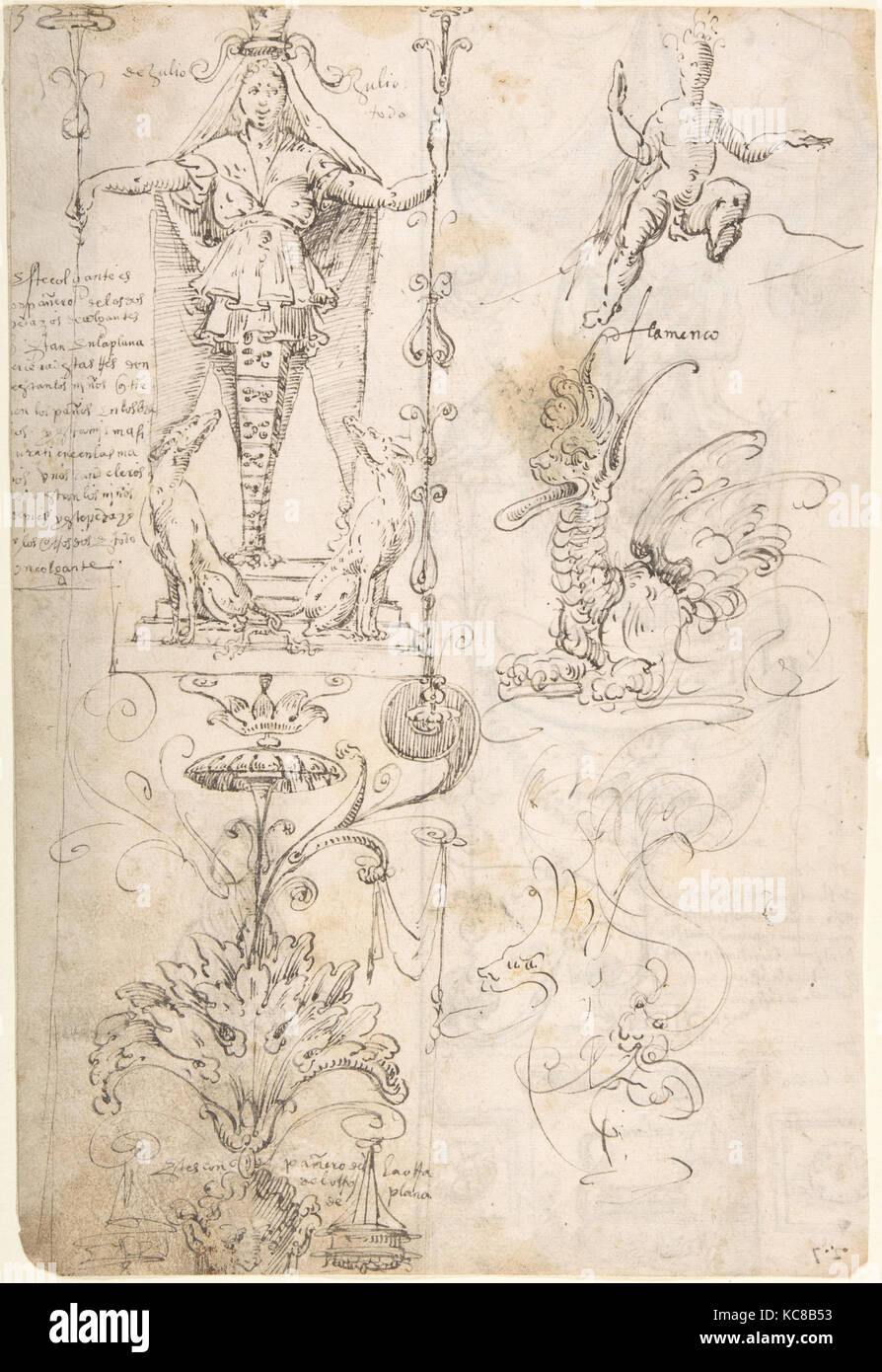 Vier verschiedene Abbildung Studien (recto); Groteske Designs (verso), zurückzuführen auf Andrés de Melgar, Ca. 1545 - 60 Stockfoto