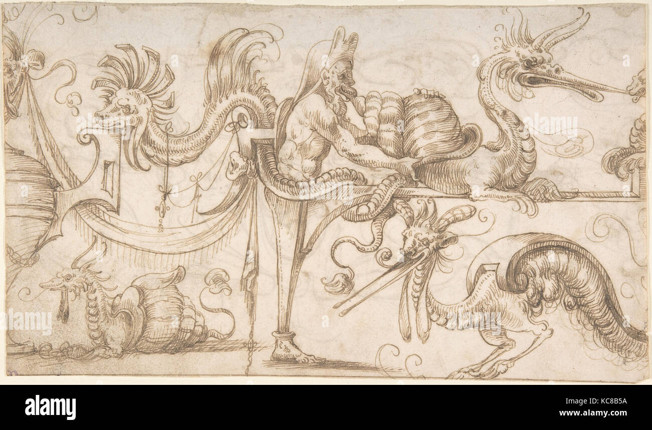 Fries Design mit grotesken Figuren (recto); Groteske Design mit zwei Nymphen (verso), zurückzuführen auf Andrés de Melgar, Ca. 1545 Stockfoto