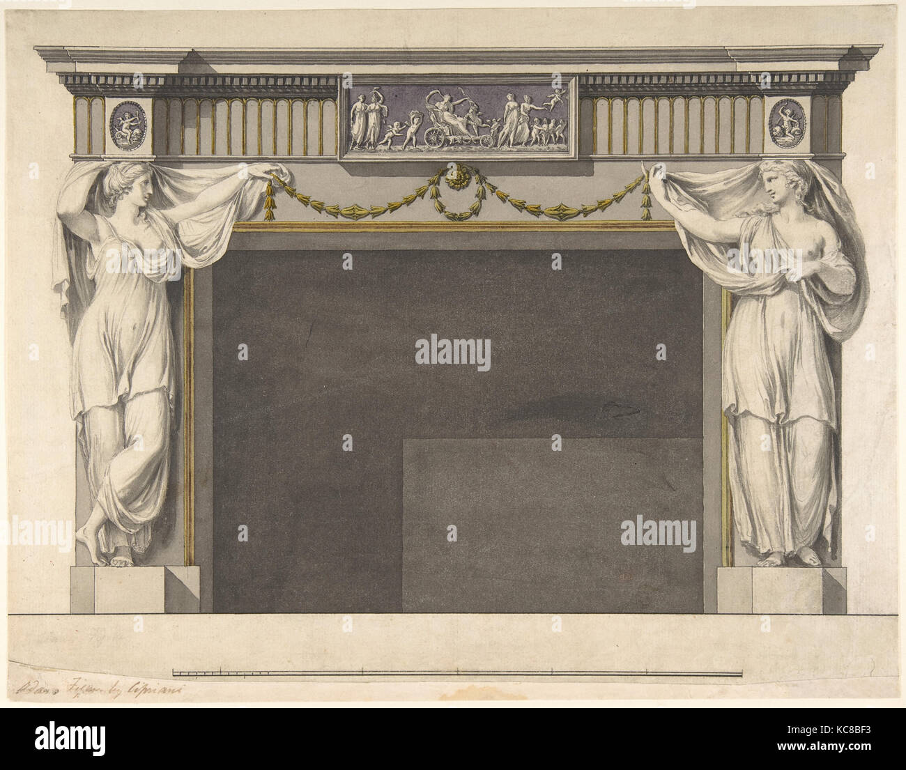 Design für einen Kamin in der Galerie, jetzt Speisesaal, das Harewood House, Yorkshire (Elevation), Robert Adam, Ca. 1769 Stockfoto