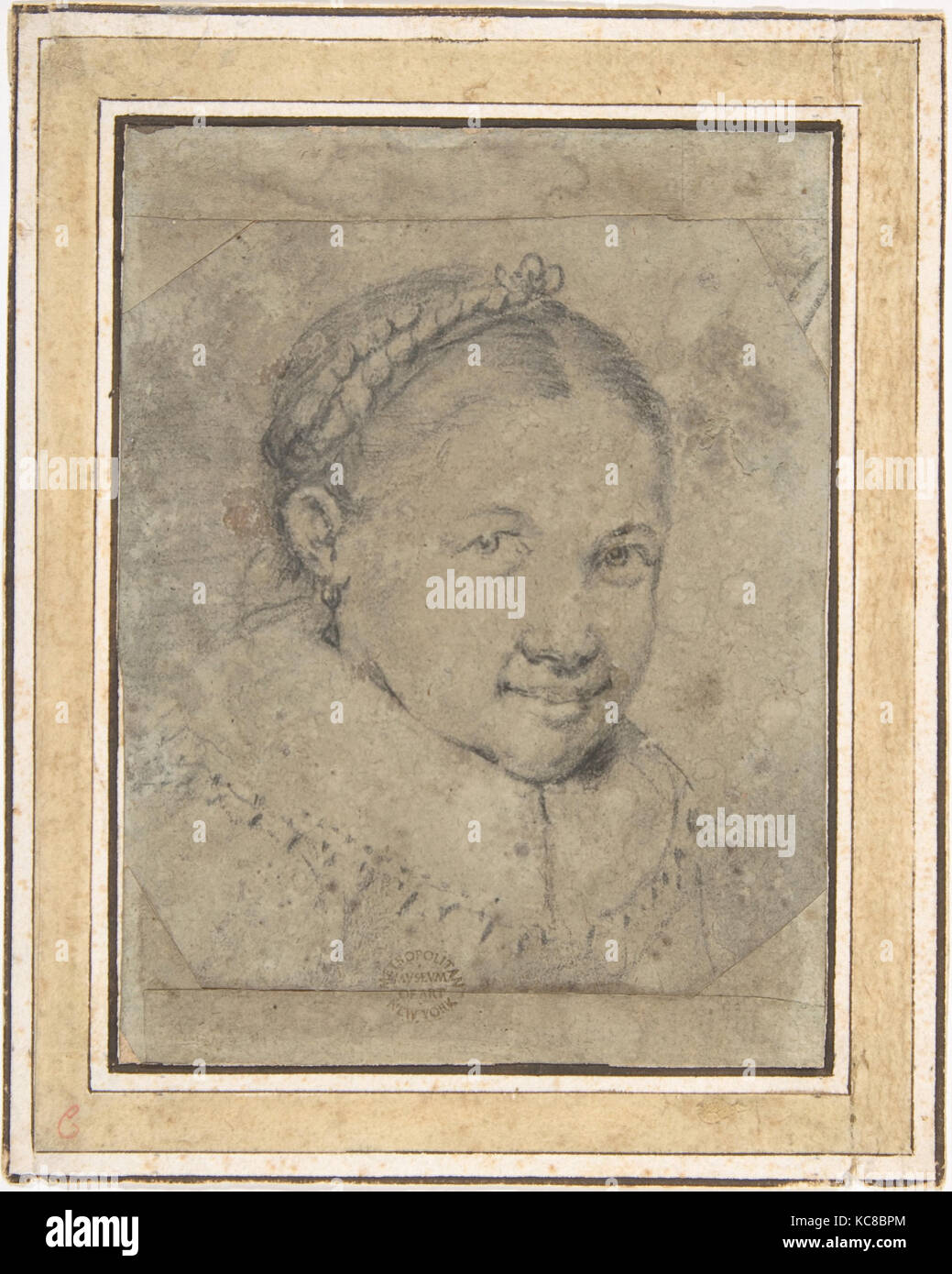 Kopf eines Mädchens, aus dem 17. Jahrhundert, Schwarze Kreide auf festem Papier. Streifen (1/2 in.) am oberen und unteren Bildrand., 4 1/8 x 3 3/4 in. (10,4 x 9 Stockfoto