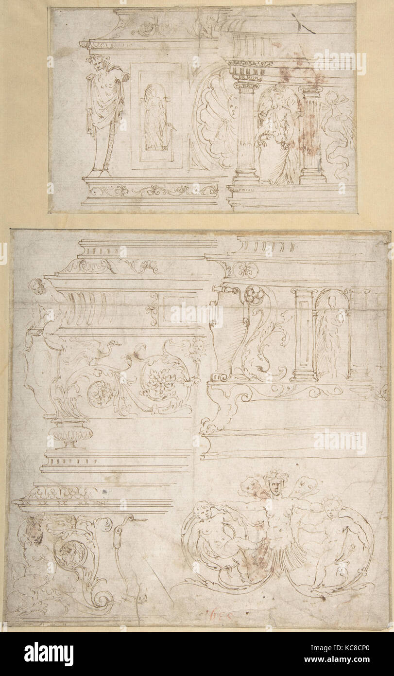 Skizzen für die Gestaltung einer Schatulle (recto); Kampf der Kentauren und Lapithen (?) (verso), Girolamo da Carpi zugeschrieben Stockfoto