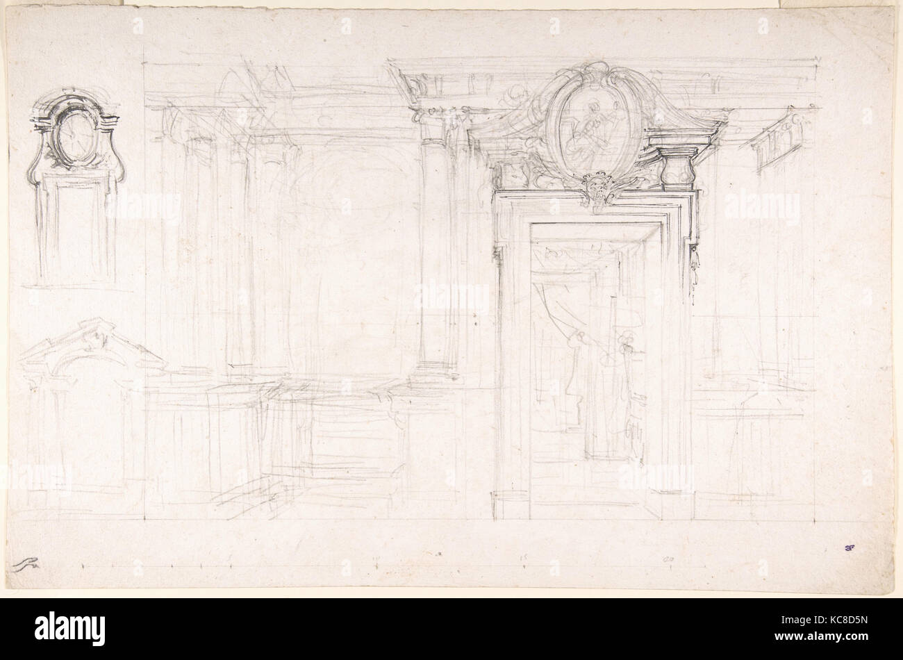 Architektonische Skizze für die Gestaltung einer Wand mit Tür, mit zwei kleineren Skizzen für die Gestaltung von Fenstern oder Türen Stockfoto