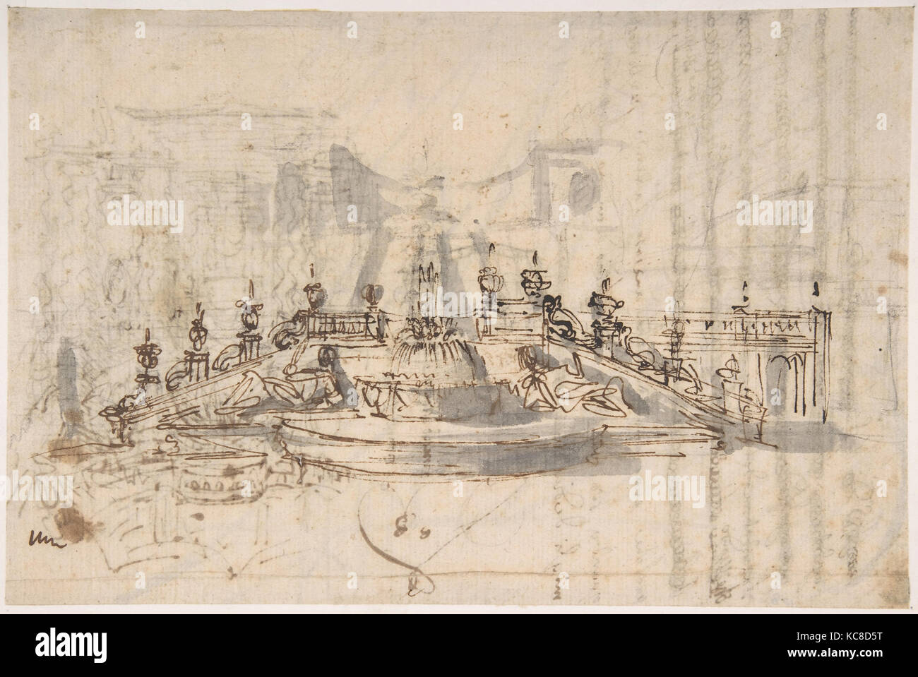 Manuskriptseite mit einem Projekt für einen Brunnen (recto) und Projekt- und Plan für eine monumentale Treppe (verso), Luigi Vanvitelli Stockfoto