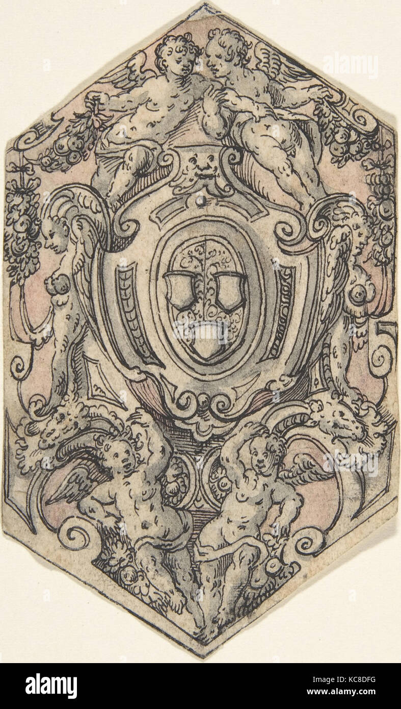 Design für ein Wappen mit Putten, Girlanden, Tobias Stimmer, 1550-84 Stockfoto