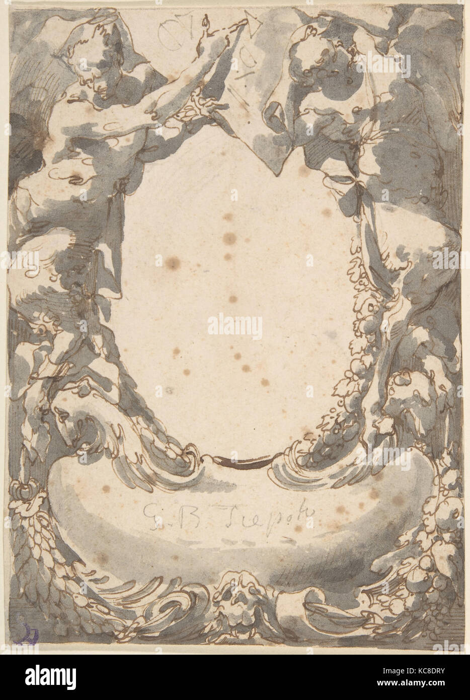 Design für eine doppelte Kartusche von Satyrn (Frontispiz?), Anonyme, Italienisch, Venezianische, 18. Jahrhundert flankiert Stockfoto