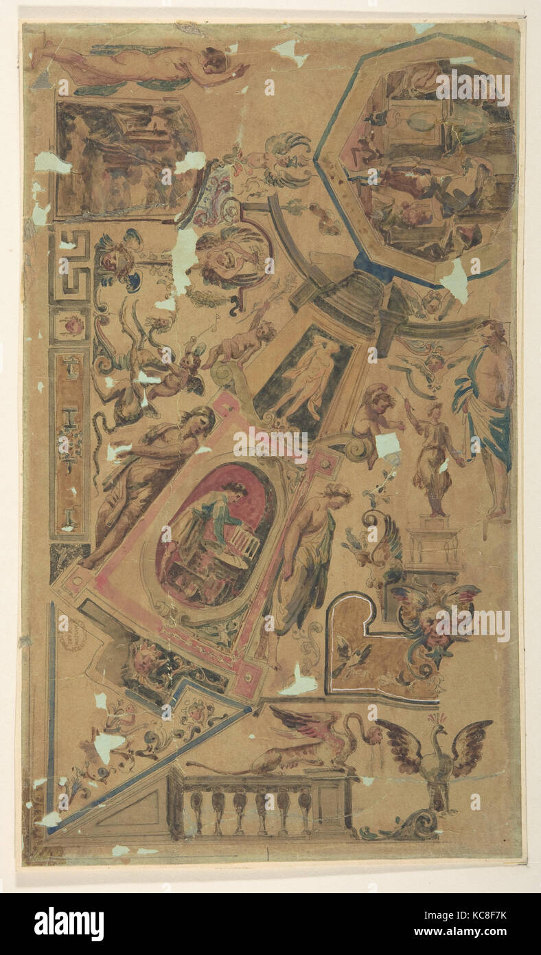 Design für eine Deckenmalerei, 1800-1900, Bleistift und Aquarell, 6-3/4 x 11-1/4 in. (17,1 x 29,8 cm), Zeichnungen Stockfoto
