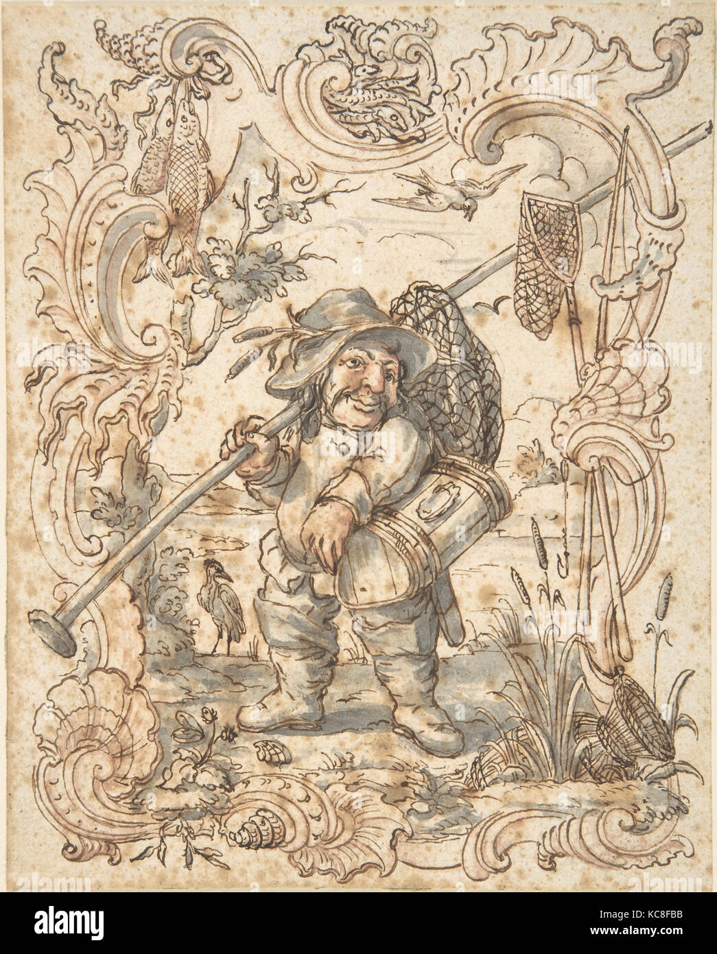 Karikaturen von einem Fisch und Vogel Hausierer in ornamentalen Rahmen, Johann Esaias Nilson, 1735-88 Stockfoto