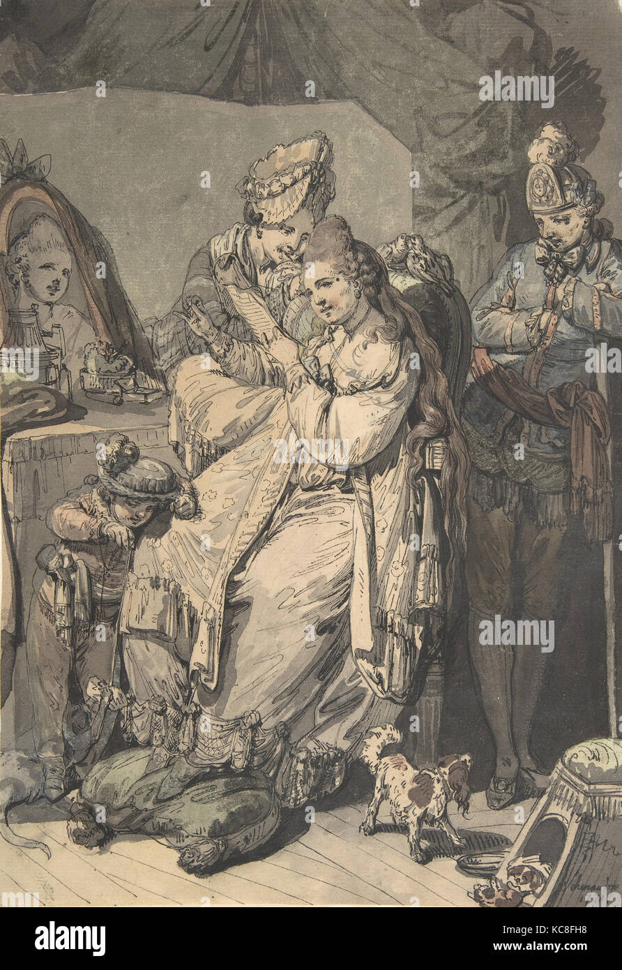 Eine Frau an ihr Wc mit einer Magd, ein Junge, ein Hund und ein junger Soldat; Verso: eine Skizze für eine ähnliche Zusammensetzung Stockfoto