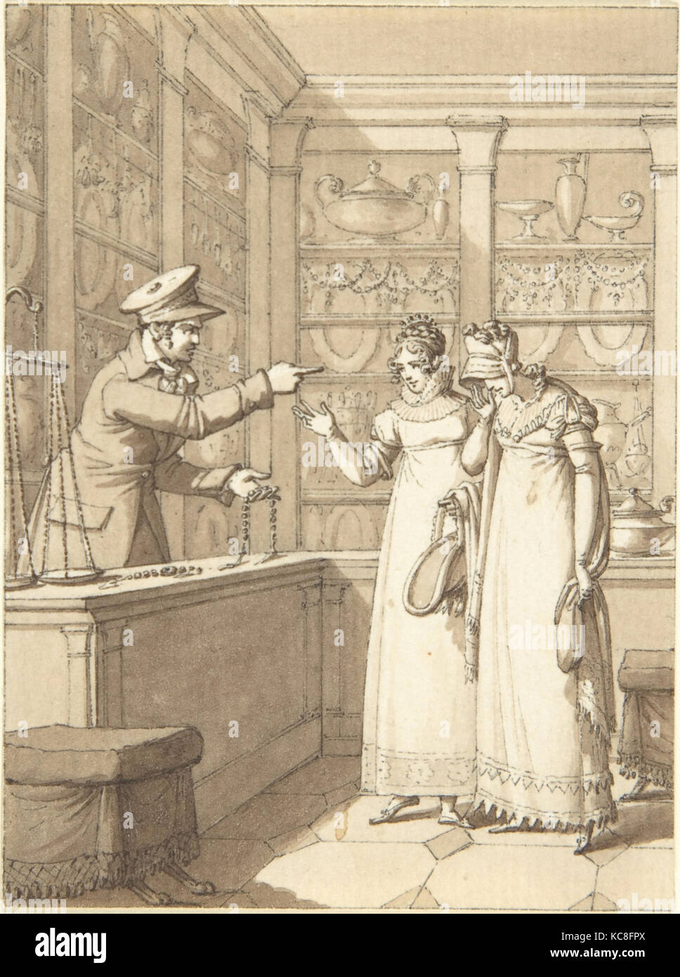 Design für ein Buch Abbildung: Zwei Frauen in einer Pfandleihe, Anonym, Deutsch, aus dem 19. Jahrhundert, 19. Jahrhundert Stockfoto