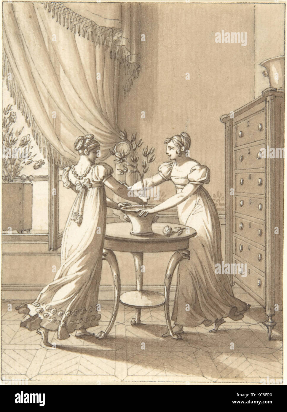 Design für ein Buch Abbildung: Zwei Frauen tanzen um eine Pflanze, Anonym, Deutsch, aus dem 19. Jahrhundert, 19. Jahrhundert Stockfoto