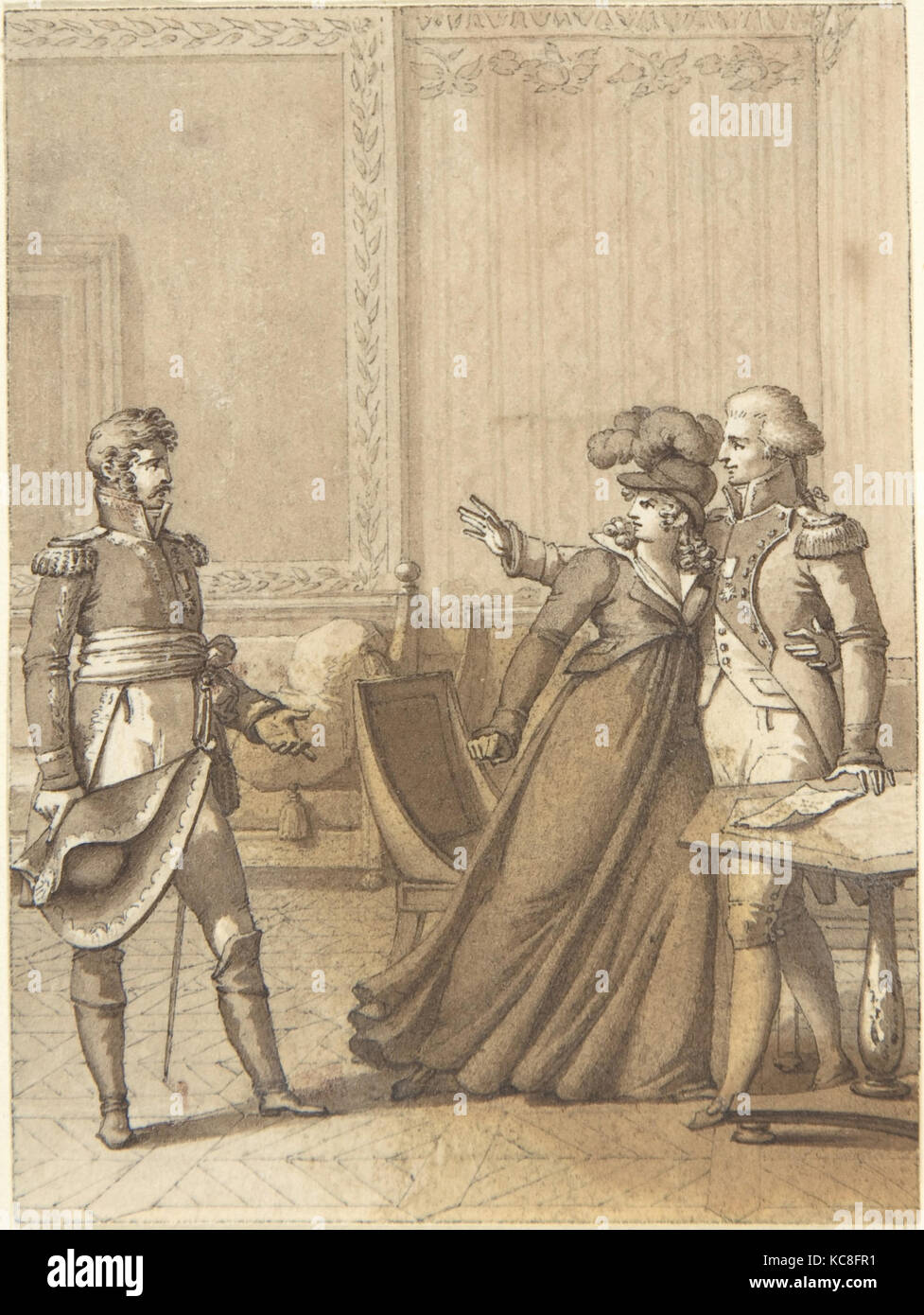 Design für ein Buch Abbildung: ein Soldat nähert sich ein Paar, Anonym, Deutsch, aus dem 19. Jahrhundert, 19. Jahrhundert Stockfoto